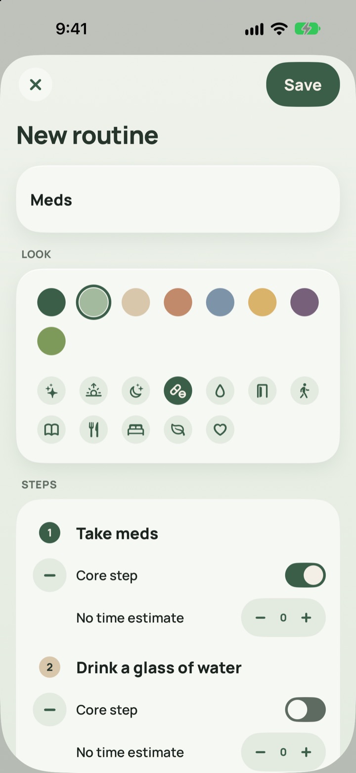 The routine editor for Meds: a name, a color and icon picker, and steps marked as core or optional.