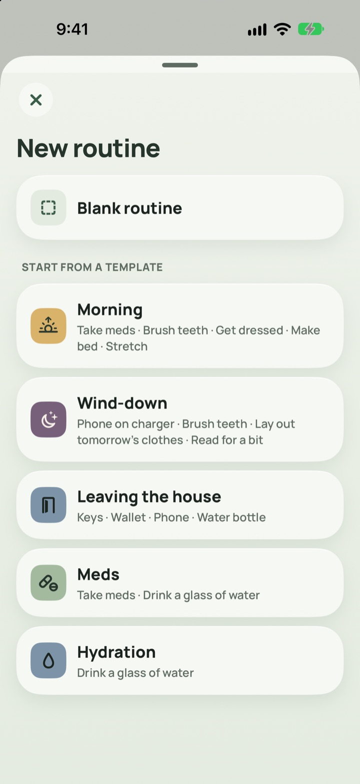 The New routine sheet with templates: Morning, Wind-down, Leaving the house, Meds and Hydration.