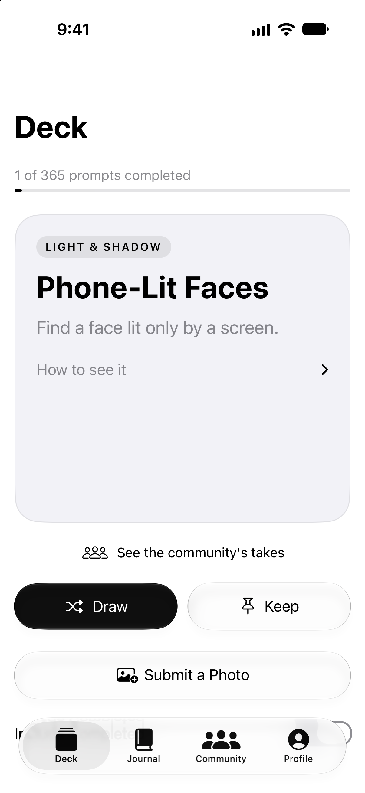 The Deck screen showing the prompt Phone-Lit Faces: find a face lit only by a screen.